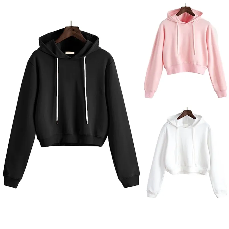 Kvinnor Plain Hoodies Crop Top Solid Färg Långärmad Dam Långt Pullover Sommar Höst Fashion Girl Sweatshirts Kläder 210816