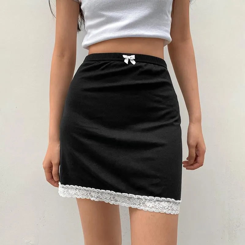Skirts Lace Hem Y2K Skirt Woman Preppy Style E Girl Aesthetic Mini Tennis Bow Low Waist Dance Streetwear Saias Black