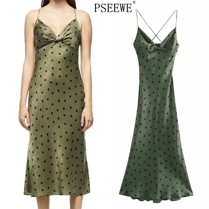 Vert à pois longue robe de soirée en Satin femmes été croix dos nu Slip Sexy femme Camisole Vintage 210519