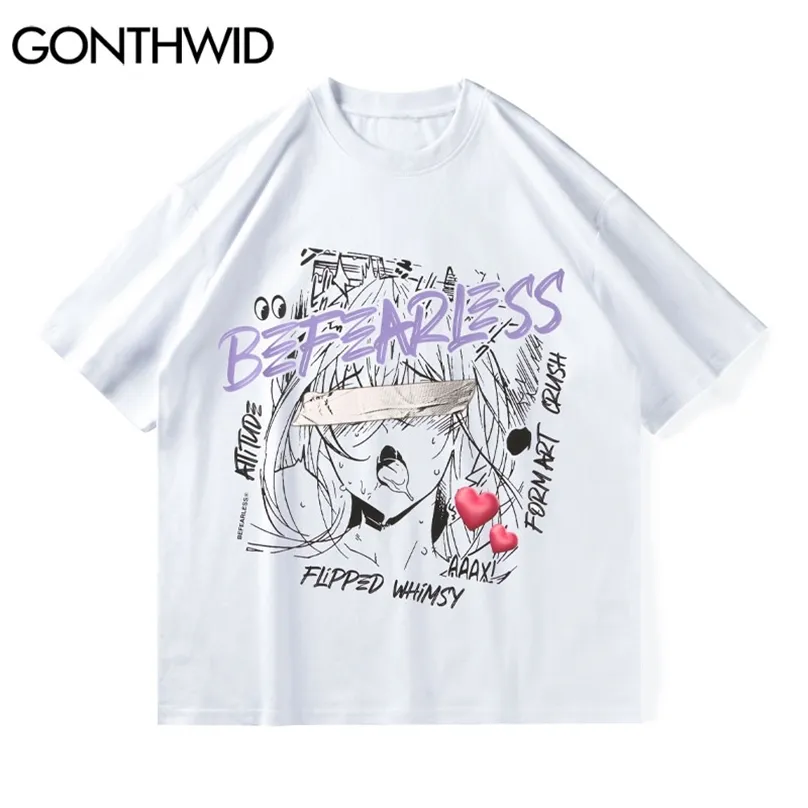 Tshirts Harajuku Japoński Anime Cartoon Girl Drukuj Tees Koszule Streetwear Hip Hop Fashion Loose Bawełny Casual Topy 210602