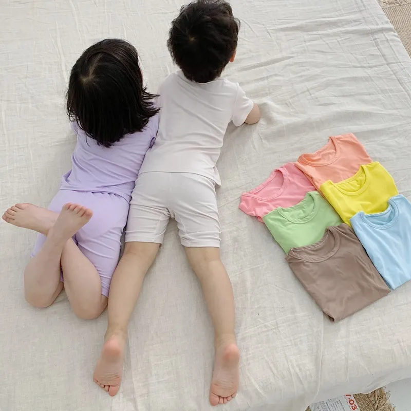 Summer kids solid color cotton Pajama Sets boys girls soft casual leisure wear children short sleeve clothes sets 210508
