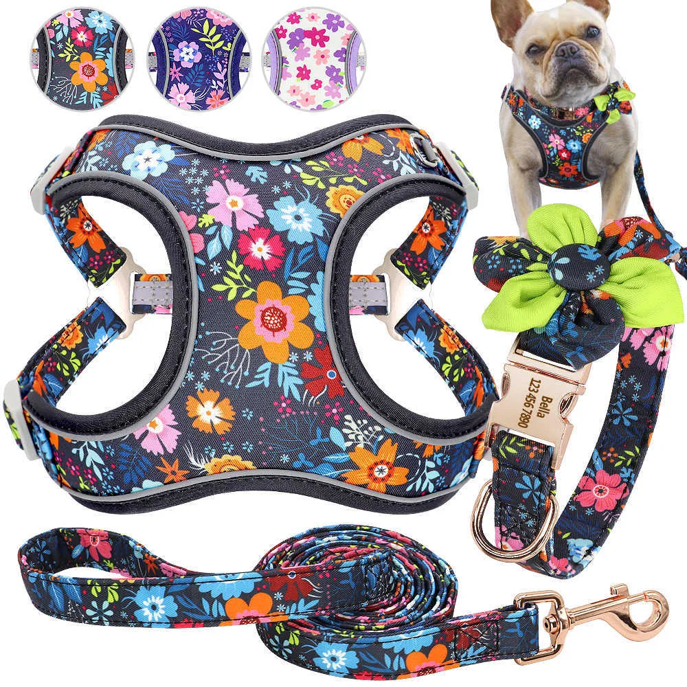 Personlig hundkrage tryckt sele Leash Customized Dog Collar Fransk Bulldog Harness Leash Pet Harness för små hundar Pug 211006