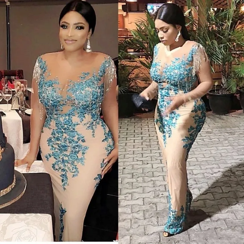 Aso Ebi Anne Gelin Elbise Püskül Boncuk İnciler Artı Boyutu Afrika Nijeryalı Dantel Sequins Mermaid Abiye giyim Sheer Boyun