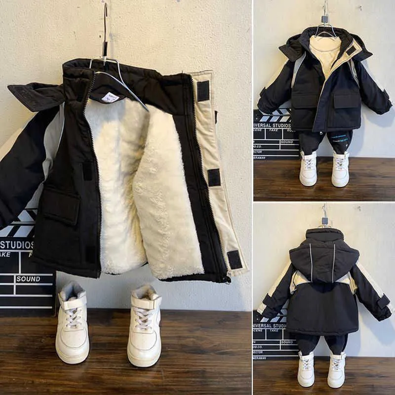 겨울 소년 코트 아기 모피 칼라 두려워 면화 플러스 벨벳 어린이 outwear 키즈 의류 H0910을위한 따뜻한 위장 재킷