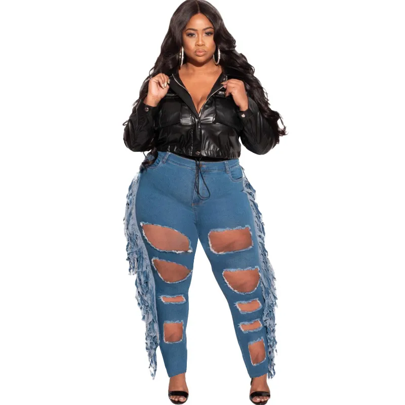 Womens Plus Size Ripped Fringed Jeans Broek Slim Fit Street Trend Pluz Maten Dames Denim Broeken