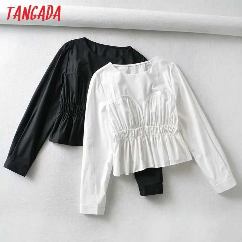 Tangada Frauen Retro Weiß Plissee Tunika Crop Shirt Frühling Chic Weibliche Dünne Hemd Tops FE05 210609