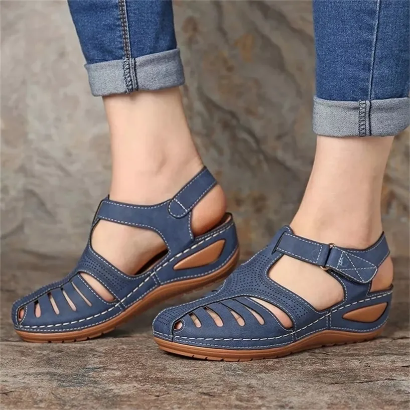 Women's Sandals Summer Ladies Girls Leather Vintage Buckle Casual Sewing Women Shoes Solid Female Platform 220314