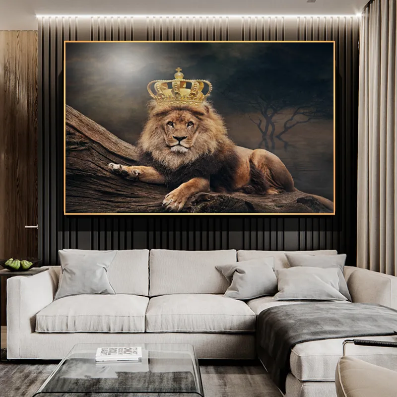 König Lion mit kaiserlichem Krone Bild Tier Leinwand Malerei Wandkunst für Wohnzimmer Dekoration Poster und Drucke