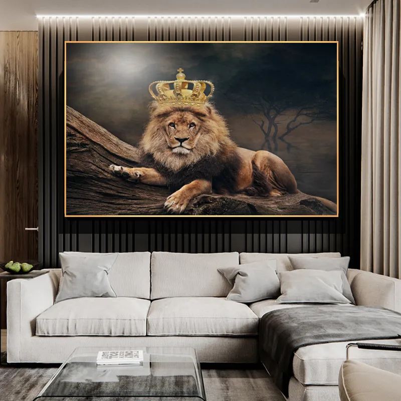 King Lion z Imperial Crown Picture Animal Canvas Malarstwo Wall Art do Dekoracji salonu Plakaty i wydruki