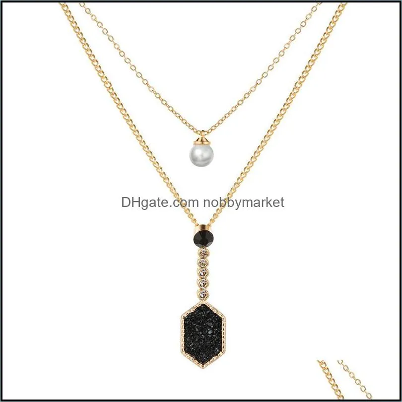 New Shiny Druzy stone layered necklaces Geometric Natural stone Faux pearl Pendant Gold Multi-layer chains Choker For women Fashion