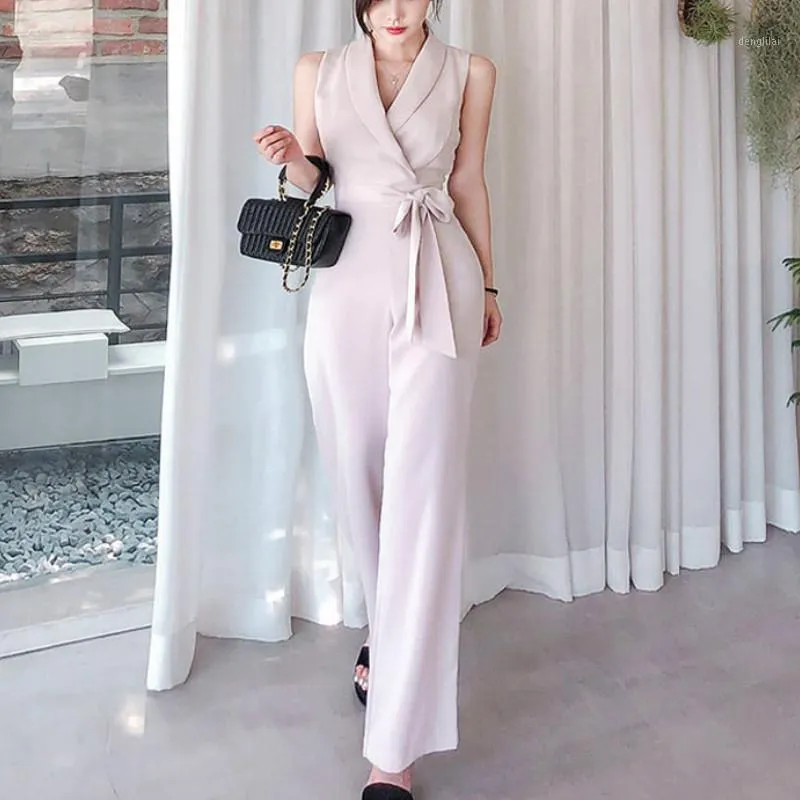 Elegant Business Sleeveless Jumpsuits Women Temperament Chic Lace-up Slim Wide Leg Long Playsuits Office Lady Work Wear Rompers Women's &