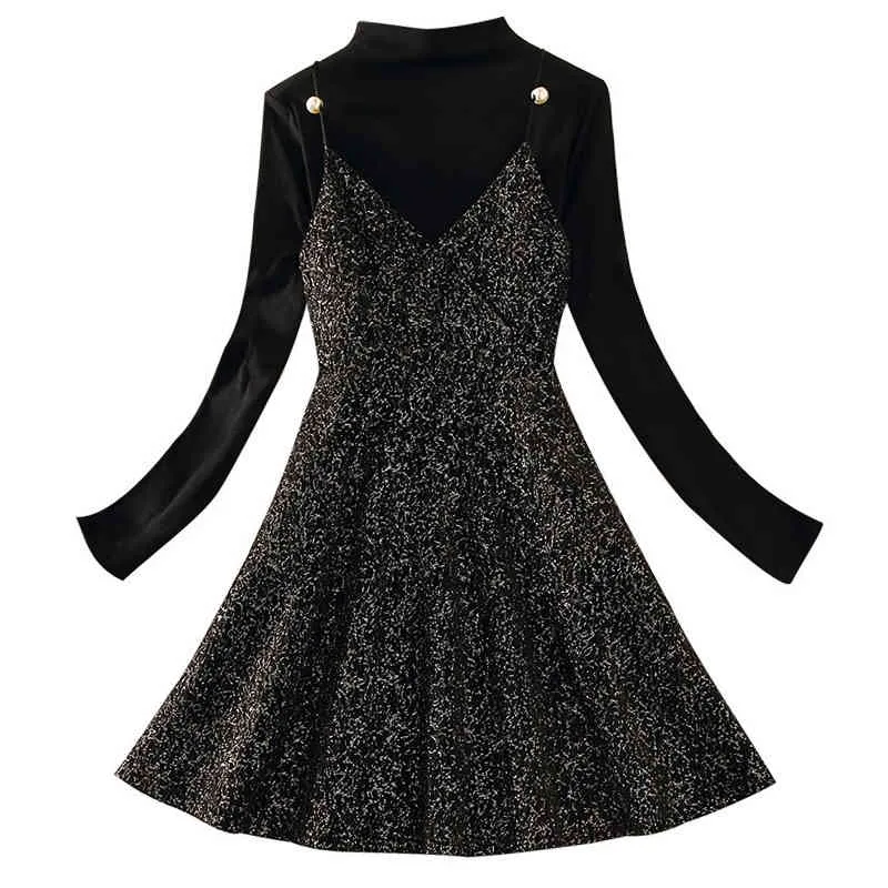 Womenr Balck Deux Pièces Robe Col Roulé Solide À Manches Longues Top Bretelles Spaghetti Empire Mini Printemps D2429 210514