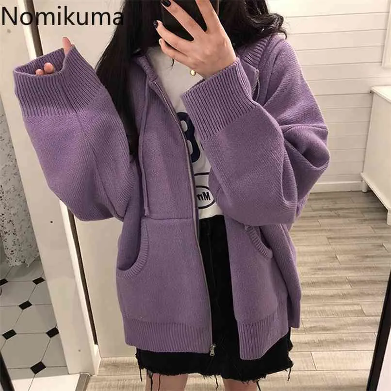 Nomikuma Thicken Solid Oversized Sweater Hooded Coat Korean Pockets Long Sleeve Jacket Autumn Winter Knitted Cardigan 6C400 210918