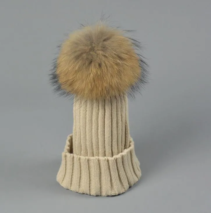 Designer Ladies Knitted Rib Beanies With Real Raccoon Dog Hair Ball Children Fancy Plain Fur Pom Winter Hats Womens