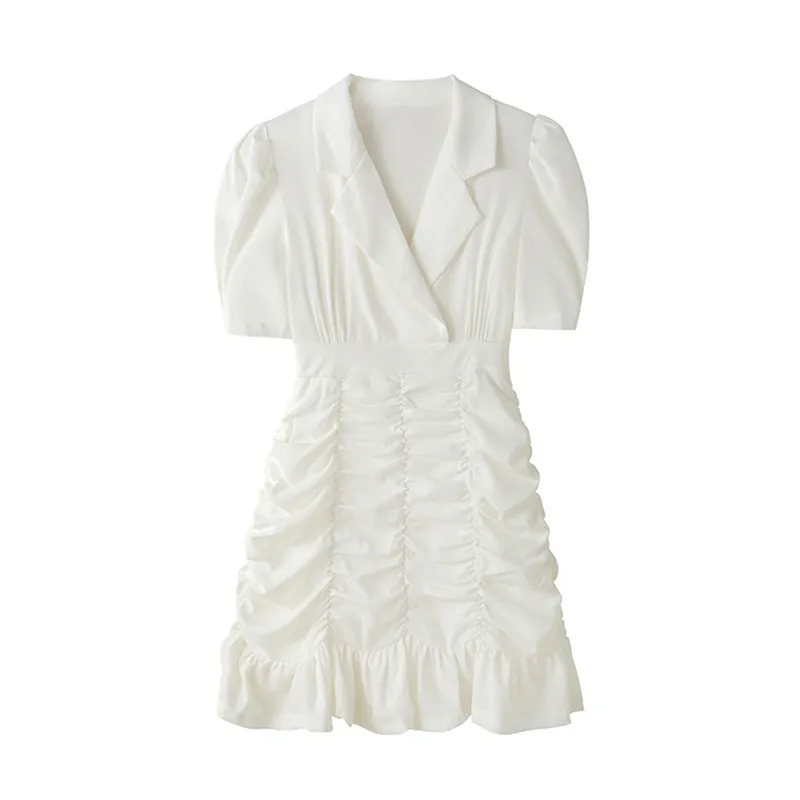 Biały Fioletowy Notch Kołnierz Krótki Rękaw Mini Sukienka Elegancka Solidna Letnie Kobiet Kobiet Puff D1882 210514