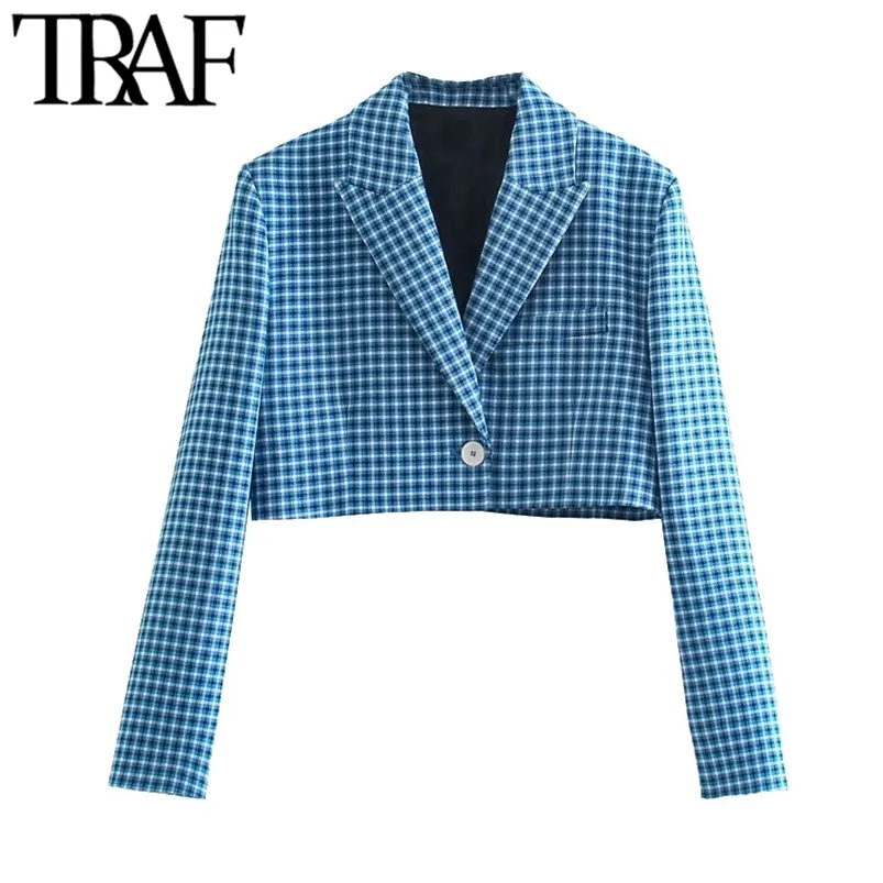 Mulheres moda único botão recortado checked blazer casaco vintage manga comprida feminina outerwear chique vestes femme 210507