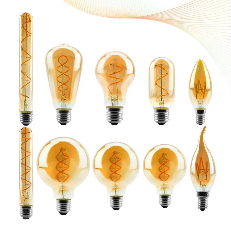 Żarówki LED włókna żarówka C35 T45 ST64 G85 G95 G125 Światło spiralne 4W 2200K Retro Vintage Lampy Dekoracyjne Oświetlenie Dimmable Edison Lampa