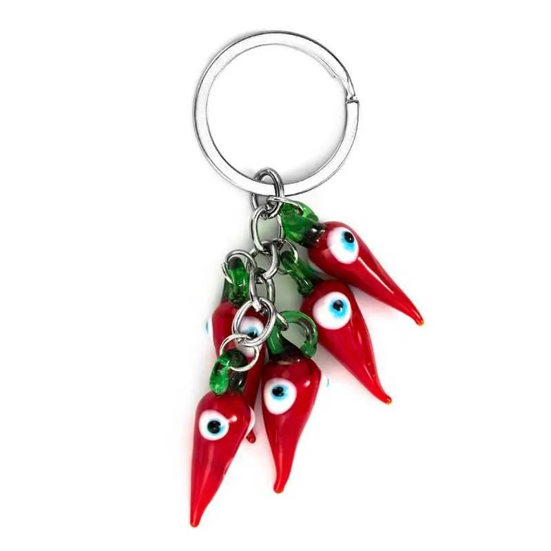 Fashionable Keychain Red Small Pepper Shape Keychain with Blue Evil Eye Charming House Keyring for Housewarming Gift G1019