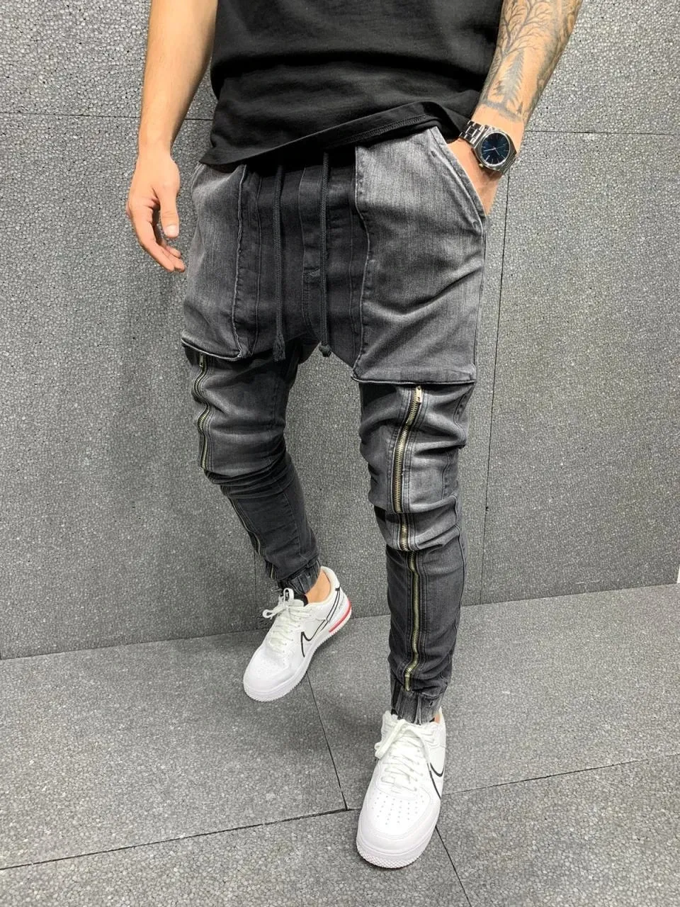 Mens High Street Distressed Denim Joggers With Zipper Pocket