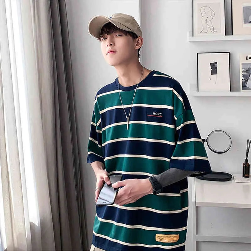 Retro Striped T Shirt Half-sleeved Men Clothing loose Couple Five-point Short-sleeved Casual T-shirt Streetwear Bottoming Tshirt Y0322