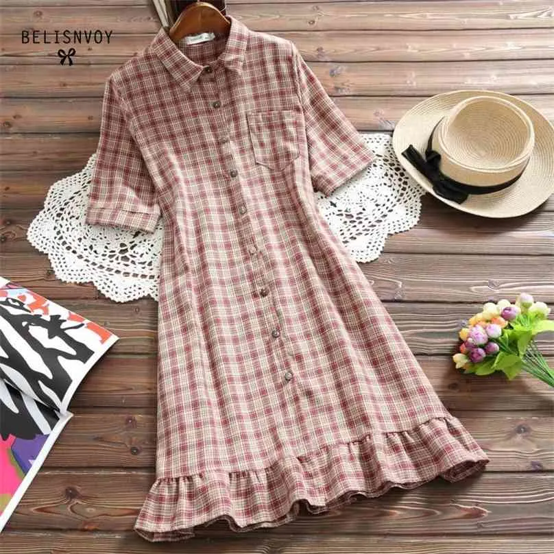 Japanese Preppy Style Summer Women Shirt Dress Vintage Plaid Buttons Pocket Casual Mini Elegant Ruffles Girl's Short 210520