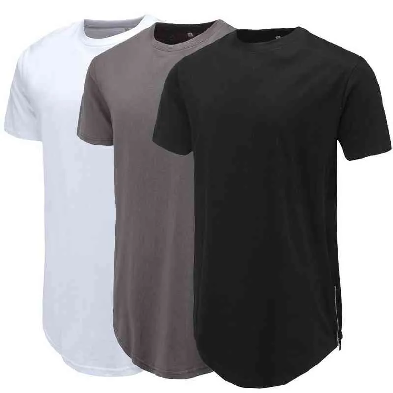 Men Casual T-Shirt Curve Hem Side With Zipper Short Sleeve Streetwear Men Long line Hip Pop Style Tops Fashion Men Extend Swag T G1222