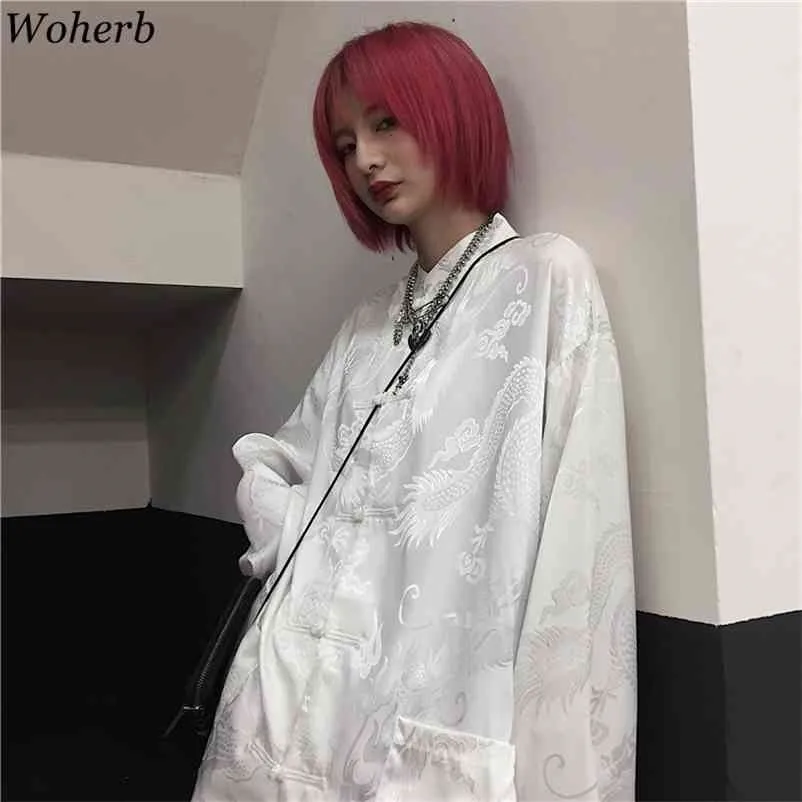 Kvinnor man blus drake print hajuku streetwear kinesisk stil stå krage spänne vintage svart vit skjorta blusas 210422