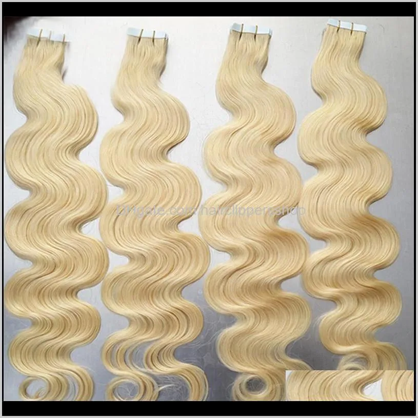 skin weft remy hair pu weft body wave tape human hair extensions #613 bleach blonde brazilian body wave hair 14-26 inch, 