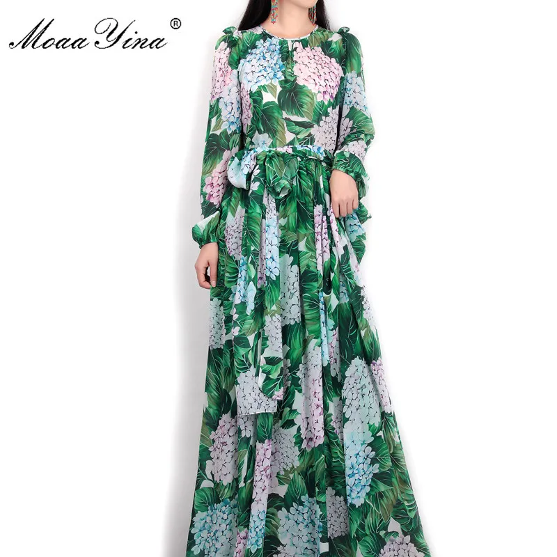 Summer Runway Maxi Dress Mulheres Manga Longa Casual Festa Bohemian Feriado Folhas Verdes Floral Impresso 210524