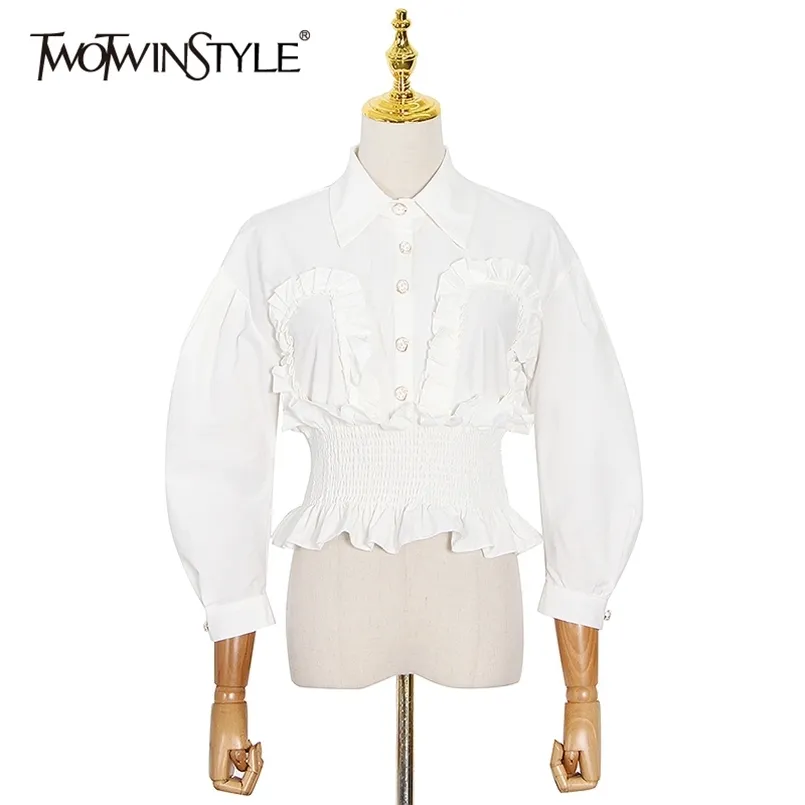 White Patchwork Shirt For Women Lapel Long Sleeve Tunic Short Blouse Female Spring Fashion Clothing 210524