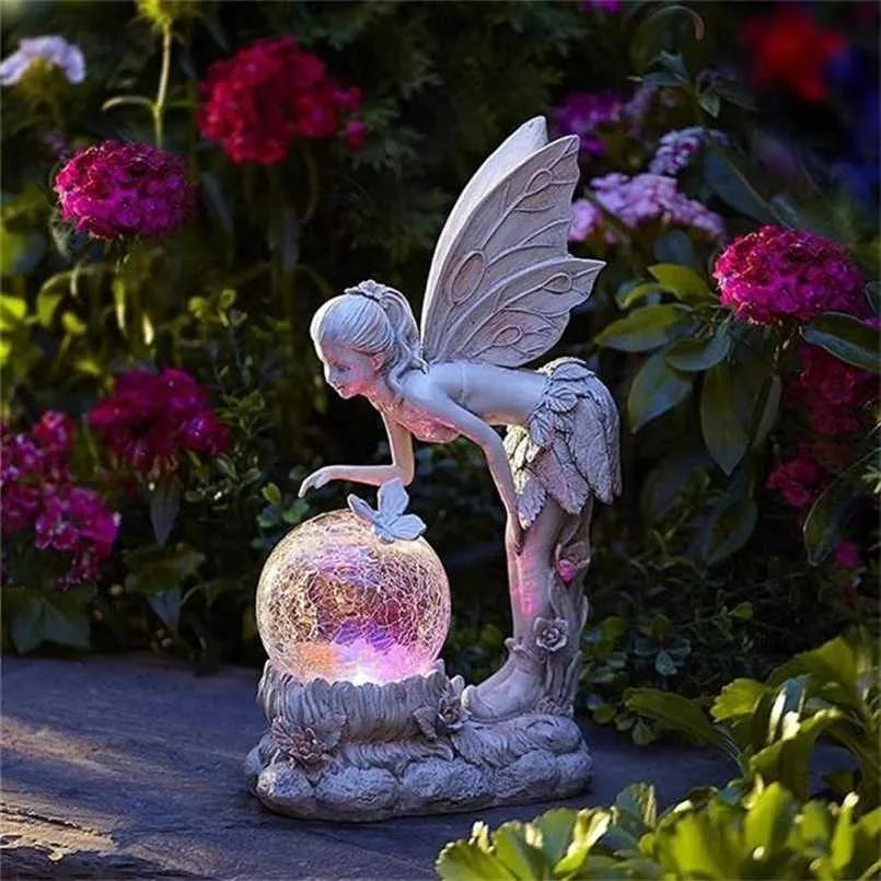 Outdoor Solar Lampa Luminous Fairy Girl Led Lights Wodoodporna Ogród Yard Art Ozdoby Ozdoby Angel Figura Rzeźba Rzemiosła 211108