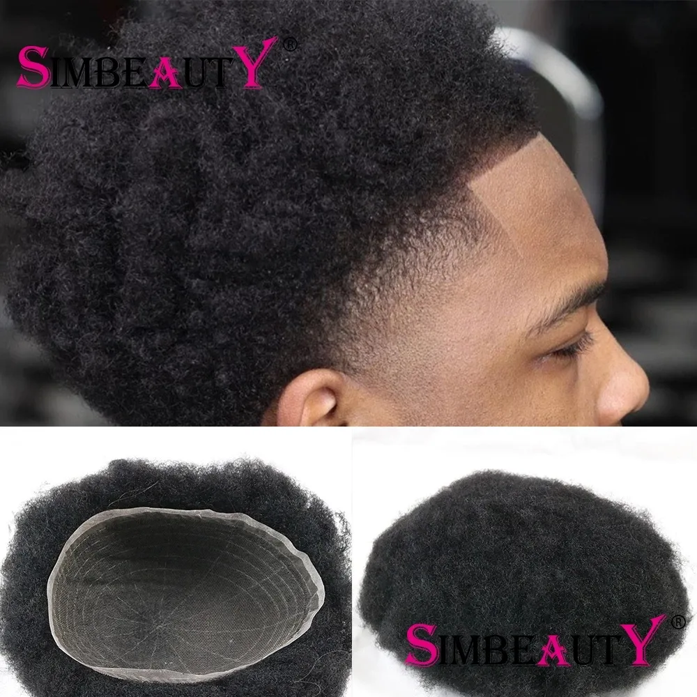 Jet Black Hair 4MM Afro Kinky Curly 100% Human Hair Toupee Resistente Full Lace Base Toupee da uomo Sistema di sostituzione Parrucca 8x10 Size