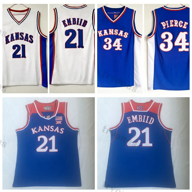 Mens Kansas Jayhawks College Basketball Tribersys 34 Paul Pierce 21 Joel Embiid сшитые джерси синие рубашки S-XXL