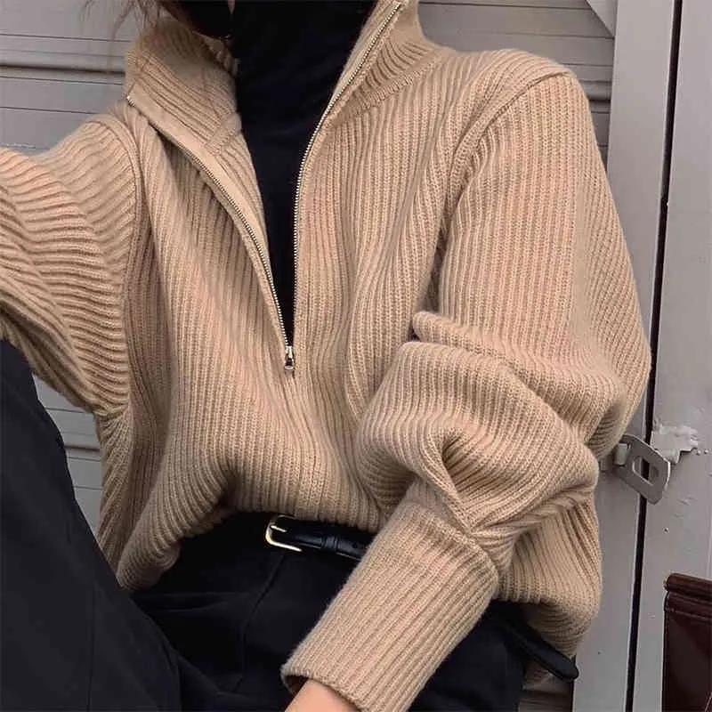 Chic Casual Spring Woman's Fashionable High Collar Zipper Loose Warm Långärmad Stickad Sweater Coat ZT1485 210510