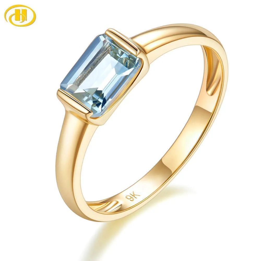 HUTANG 9K 0.95 CARAT NATUURLIJKE ECHTE AQUAMARING DAMESS RING KARAT GOUD Sieraden Klassiek eenvoudig ontwerp voor verjaardagscadeaus