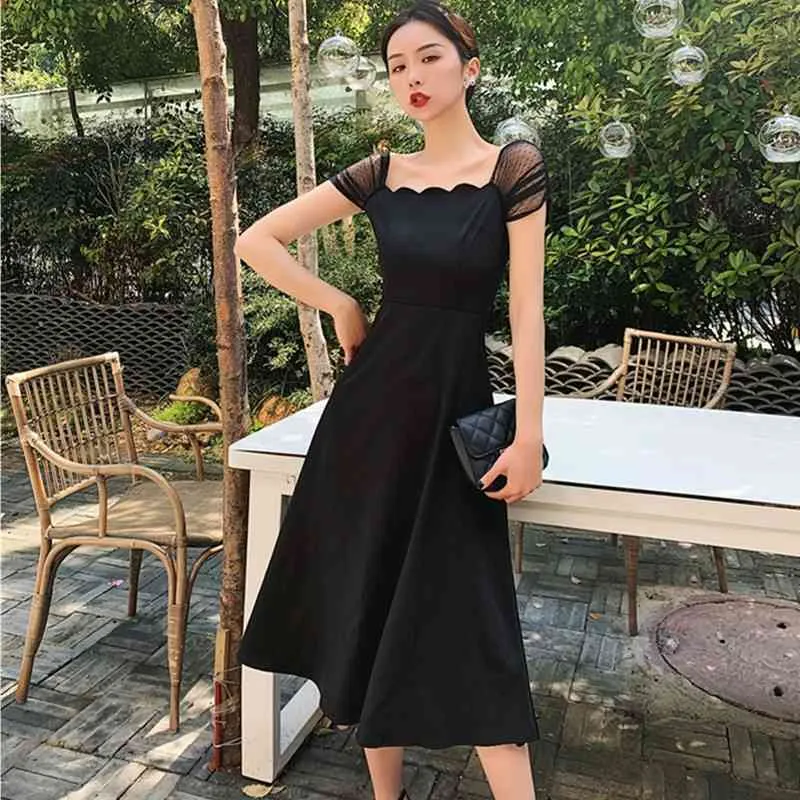 Alta qualidade elegante vestido preto mulheres vintage senhoras manga curta vestidos de festa verão 210520