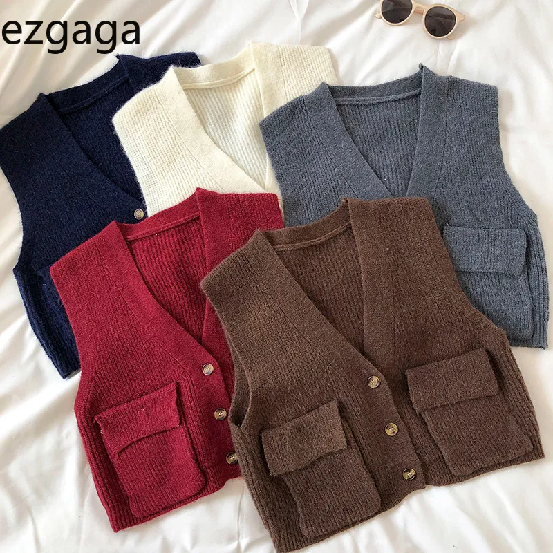 Ezgaga Maglia maglione lavorato a maglia Donna New Fashion Scollo a V Tasche semplici Cardigan senza maniche Top Outwear Gilet Casual 210430