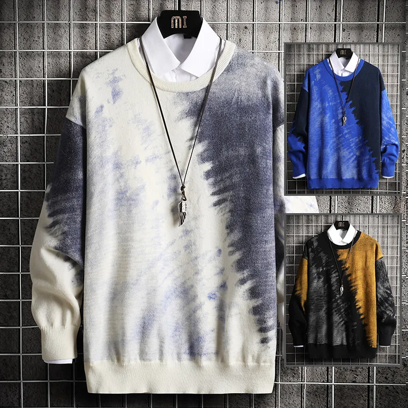 Sweaters de patchwork homens falsificados dois peça contraste de malha mens pulôver estilo coreano casual splice solto outwear revestimento de grandes dimensões 210524