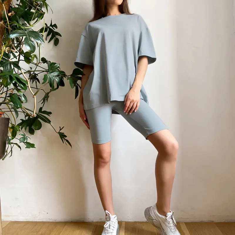 Fashion Casual Women Sport Suit T-Shirt Shorts Gray Blue O Neck High Waist Short Sleeve Vintage Loose Set Basic Two Piece Set 210422