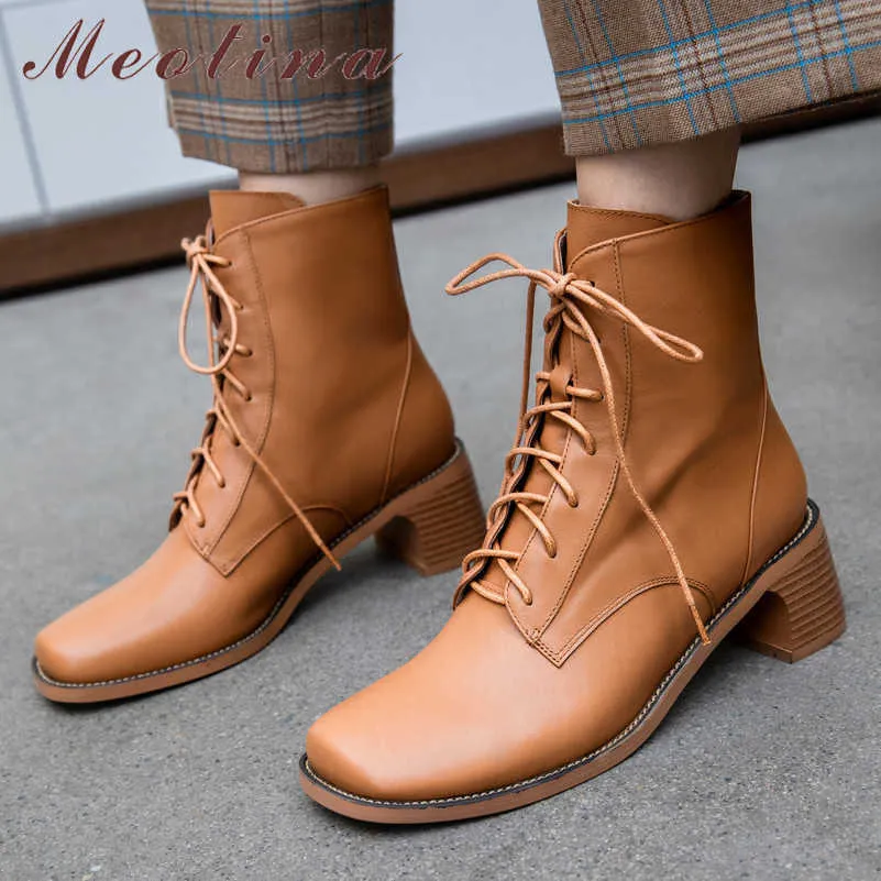 Meotina bottines en cuir véritable femmes en cuir véritable épais talon haut bottes courtes à lacets bout carré chaussures dames automne 33-41 210608