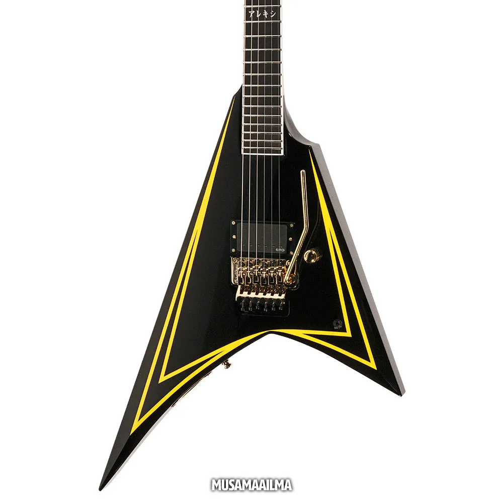 Custom Shop Alexi Laiho Black Yellow Sawtooth Flying V E-Gitarre, gewelltes Griffbrett 20-24, Floyd Rose Tremolo-Brücke, China EMG-Tonabnehmer, goldene Hardware