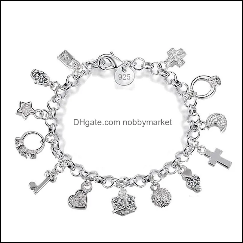 Braccialetti con ciondoli Gioielli Luxury 925 Sterling Sier Catene Key Lock Cross Rings Star Moon Love Heart Chiusura a moschettone Bracciale per donna Fashion Dro