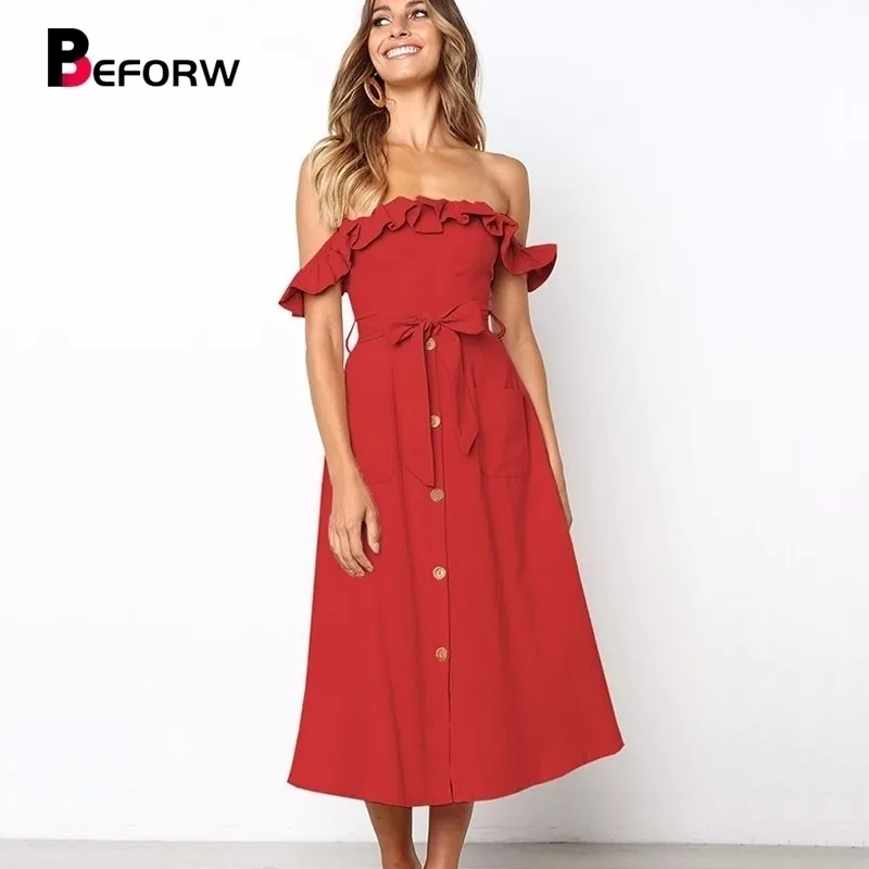 Beforw vrouw sexy off shoulder party midi jurk vrouwen elegante ruches jurken vestido solide casual button zomerjurk 210325