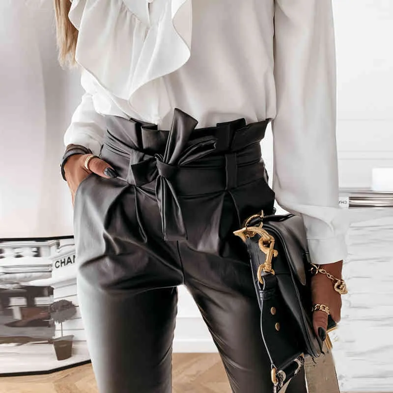 Women PU Leather Leggings Black Leather Pencil Pants Women High