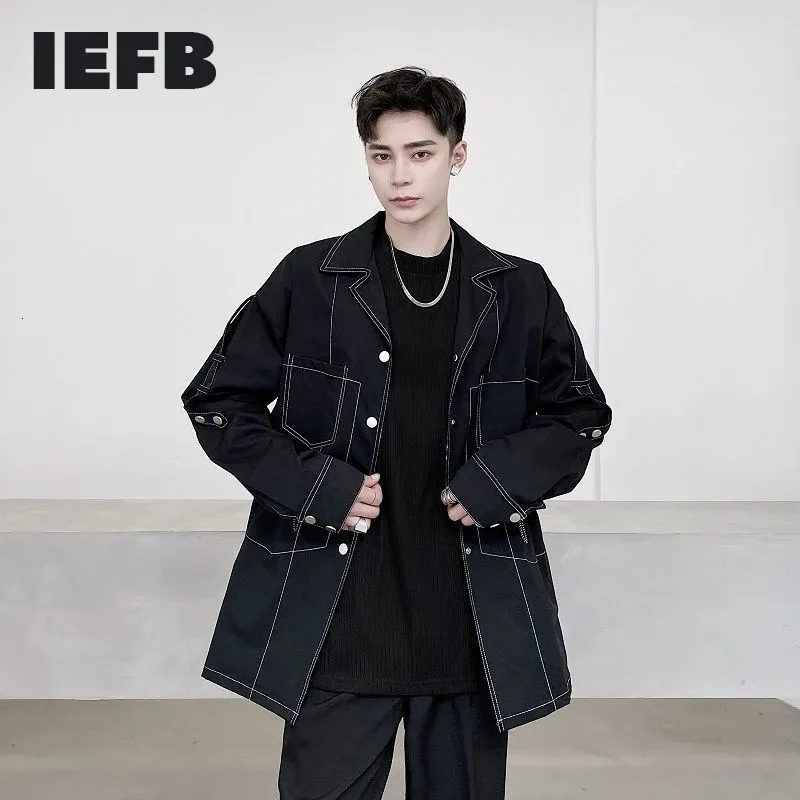 IEFB Spring Open Line Decorative Waist Drawcord Pocket Korean Medium Long Coat For Male Causal Jackets 9Y4741 210524