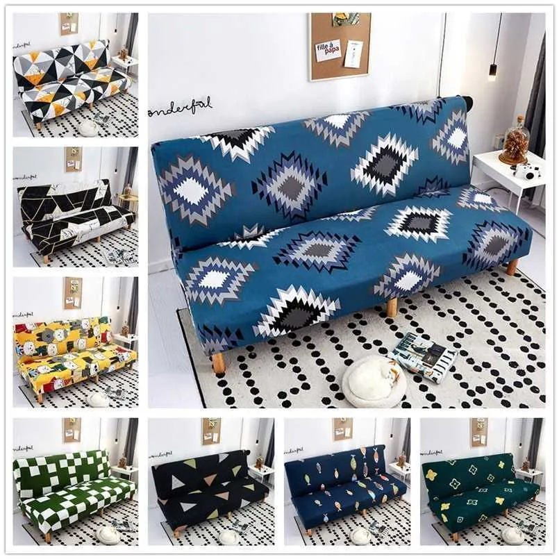 Modern Geometric Print Folding Bäddsoffa Omslag Utan Armstöd Universal Stretch Couch Furniture Slipcover Protector 211116