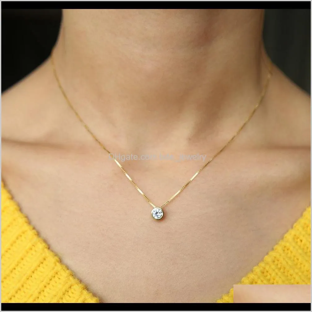 2020 latest single stone necklace fine delicate box chain 925 sterling silver bezel 5mm sparking cubic zirconia simple jewelry