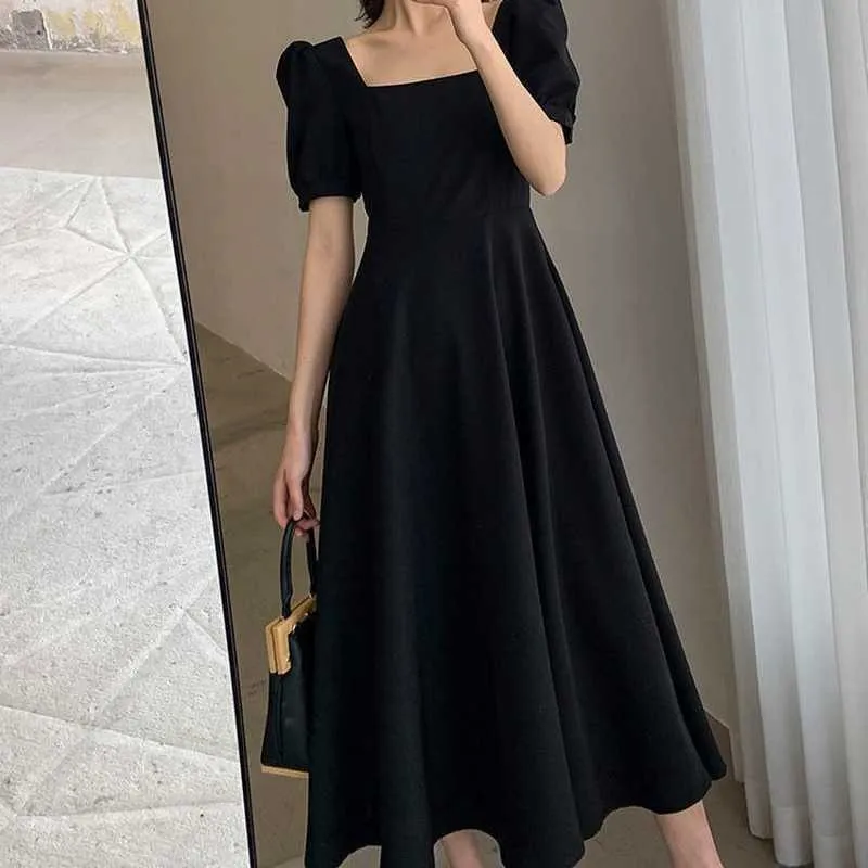 Czarna sukienka dla kobiet 2021 Summer Retro Square Collar Rękaw Puff Rękaw Długie Sukienki Vestido de Mujer Femme Robe Y1006