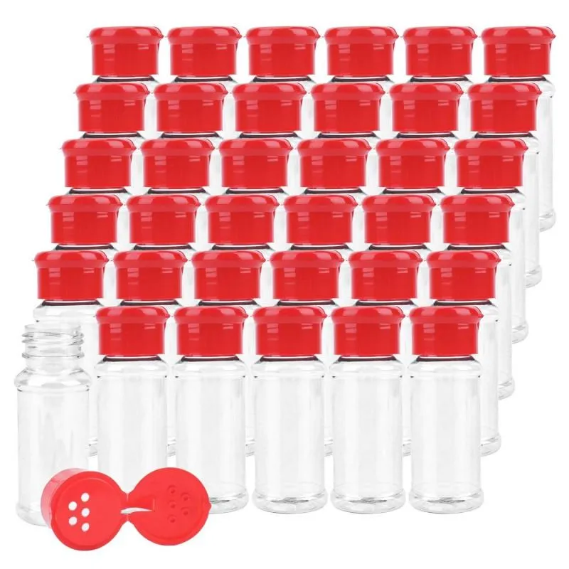 Bottiglie di vasetti di plastica per spezie da 2 Oz/60 ML Contenitori per condimenti vuoti da 2,7 Oz/80 ML con tappo rosso per condimento Sale Pepe in polvere
