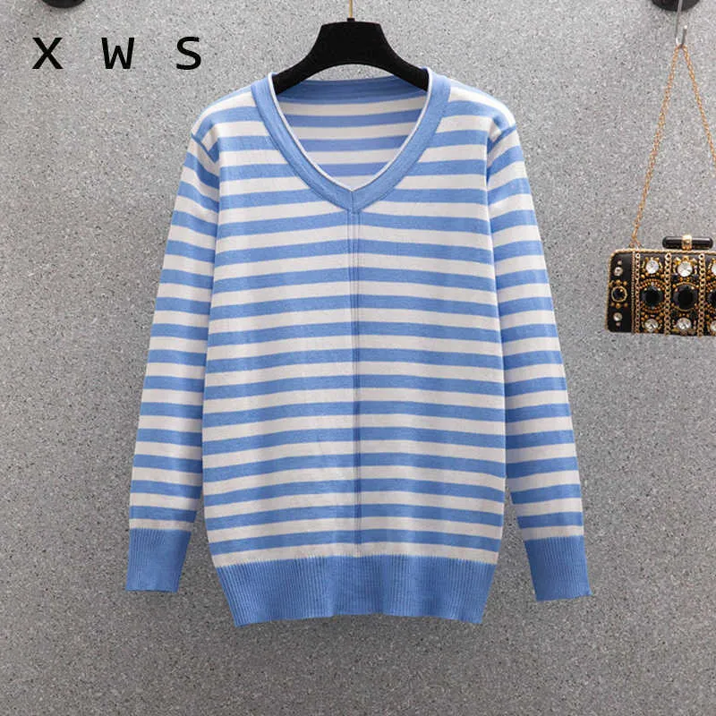 plus size women stripe sweater fashion long sleeve v neck casual kint jumper pullover loose oversized jersey mujer 210604